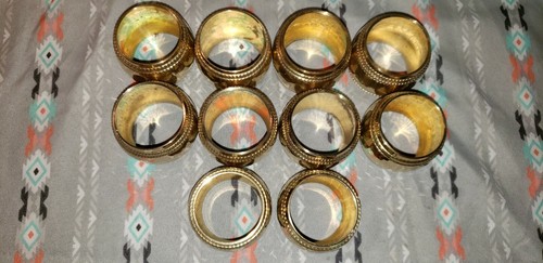 Set Of 10 Hammered Heavy Barrel Brass Napkin Rings w/Double Beaded Edge Details
