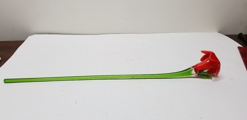 MURANO ART STYLE ORANGE LILY w/ ONE GREEN LEAF LONG STEM GLASS FLOWER 19