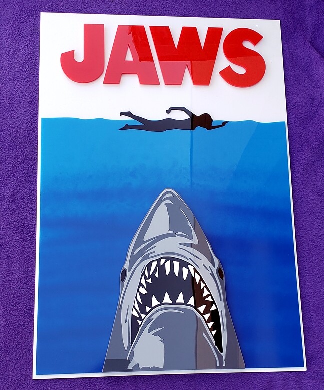 JAWS 3D sign ART new raptor Dinosaur Megalodon movie
