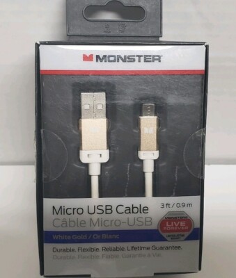 Monster Mobile High Performance USB Type-A 2.0 to Micro USB-B, 3ft, WHITE/GOLD