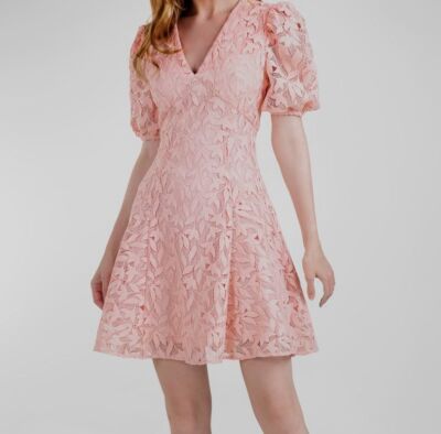 $450 Shoshanna Women's Pink V-Neck Alize Puff-Sleeve Lace Mini Dress Size 12