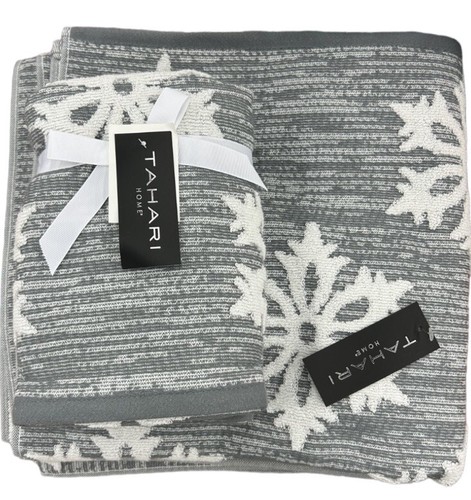 Tahari Gray and White Snowflake Bath and Hand Towel Set 4 Pieces New