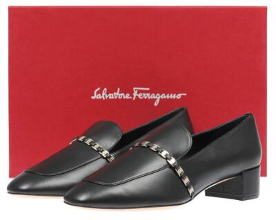 НОВЫЕ ТУФЛИ-ТУФЛИ НА НИЗКОМ КАБЛУКЕ SALVATORE FERRAGAMO TILOS ЧЕРНЫЕ GANCINI С ЦЕПЬЮ 8,5 C