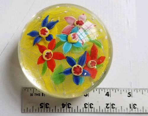 Vintage Blown Studio Art Glass Paperweight Yellow with colorful flowers lampwork
