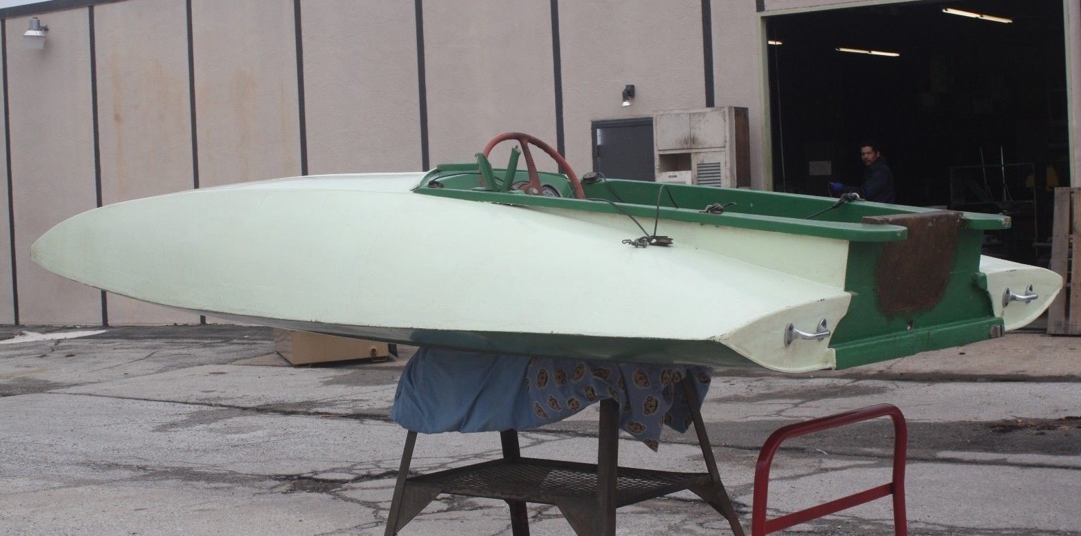 Vtg PLYWOOD BABY BULLET RACING BOAT HYDROPLANE 40S,50S 13f long
