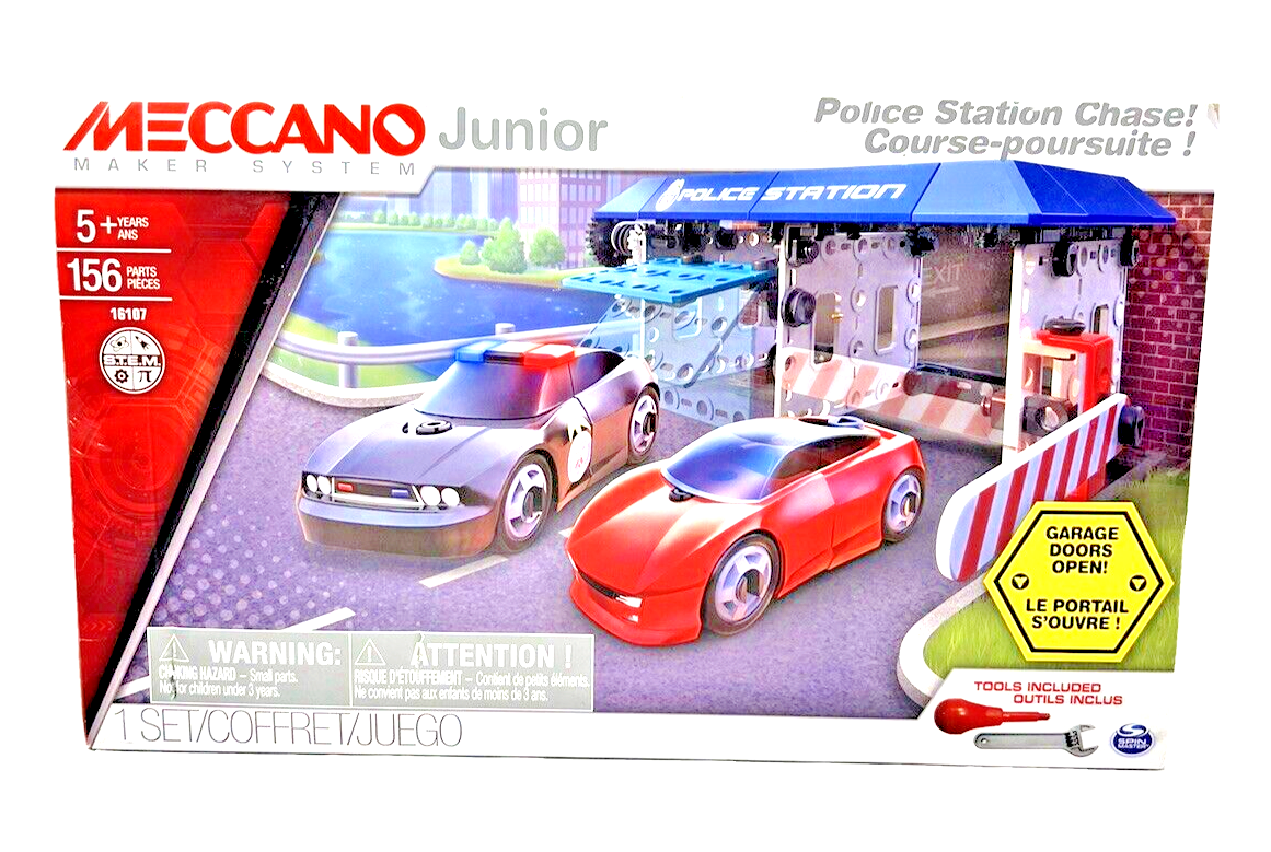 MECCANO JUNIOR ERECTOR SET, POLICE STATION CHASE!, AGES 5 AND UP, DAMAGED BOX.