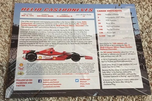 2015 HELIO CASTRONEVES INDIANAPOLIS 500 PHOTO CARD INDY CAR Shell