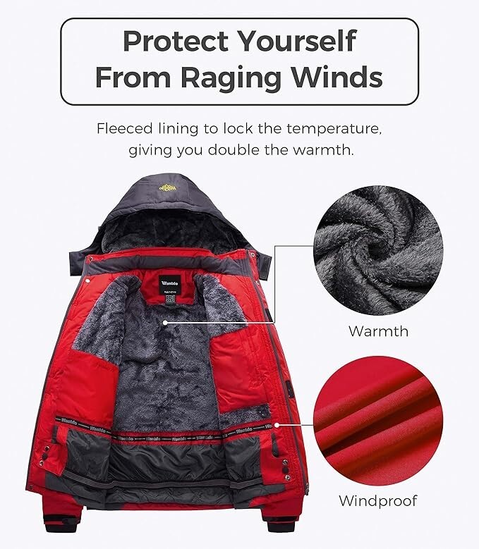 Wantdo Men's Waterproof Mountain Jacket Fleece Windproof Ski Jacket US L Red