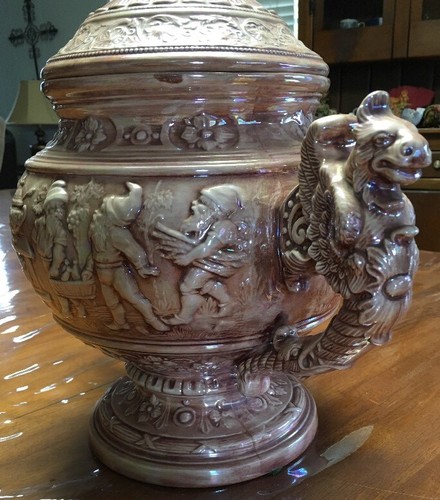 1969 VTG Shabby 1800's Large Grimms Fairytales embossed Glazed Ornate URN/Tureen