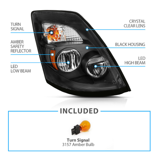 For Volvo VNL VNM 2004-18 Black 6000K LED Left & Right Side Headlights HeadLamps