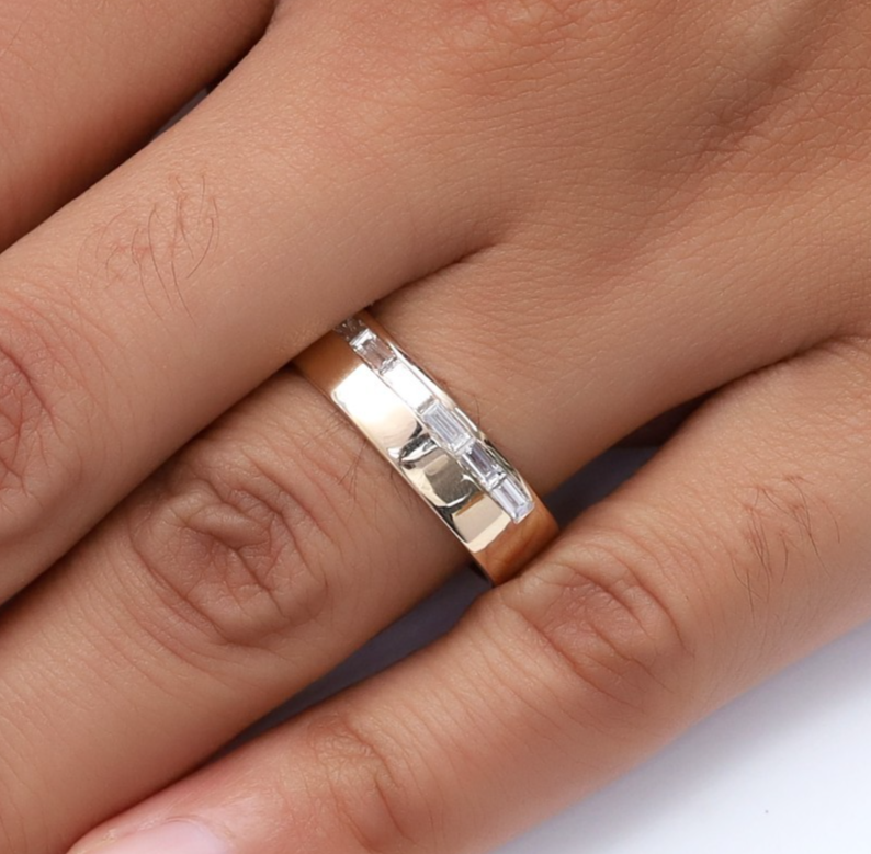 2/3 Ct Lab Grown Diamond Channel Set Half Eternity Band Ring 14K YG Baguette Cut