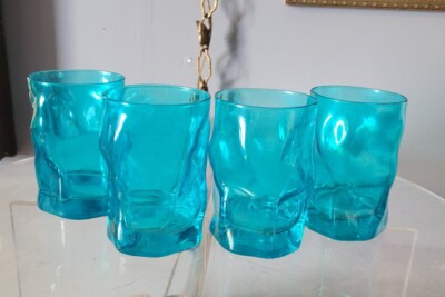 4 VTG Bormioli Rocco Sorgente Aqua Blue Teal 4 1/4'' Glass Whiskey Tumblers 