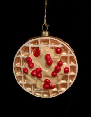 BLOWN GLASS CHERRY BELGIAN WAFFLE CHRISTMAS ORNAMENT~FOOD~BREAKFAST~RESTAURANT~N