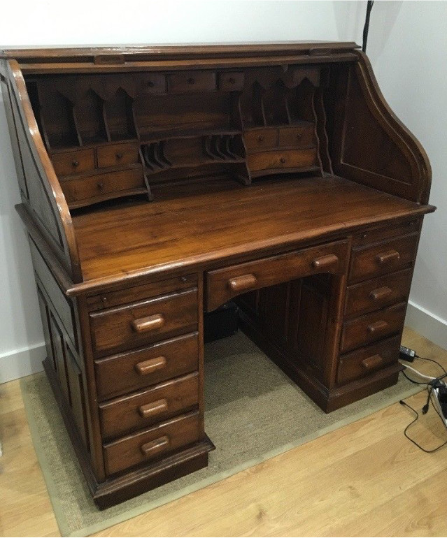 Indonesian Genuine Dark Teak Roll Top Desk For Sale In Romsey