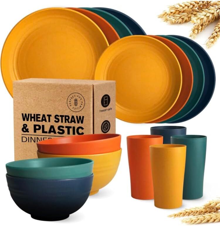 16-Piece Kitchen Plastic Wheat Straw Dinnerware Set, Service for 4, Dinner Plate