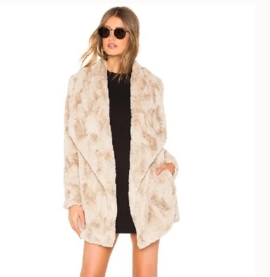 Jack BB Dakota $155 Large Vegan Fur Coat Cream Brown Beige Wrap Open Faux Lined