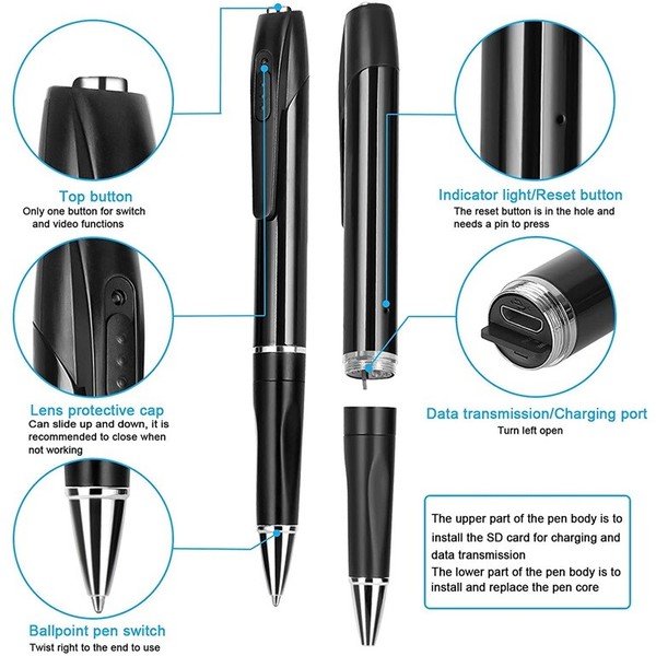 Exploded view of multifunctional spy pen with features labeled.