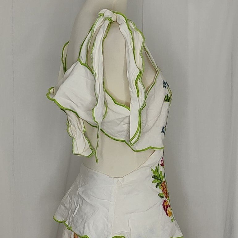 Pre-owned Farm Rio Maxi Dress Xl Tropical Romance Needlepoint Cut-out Linen White Floral