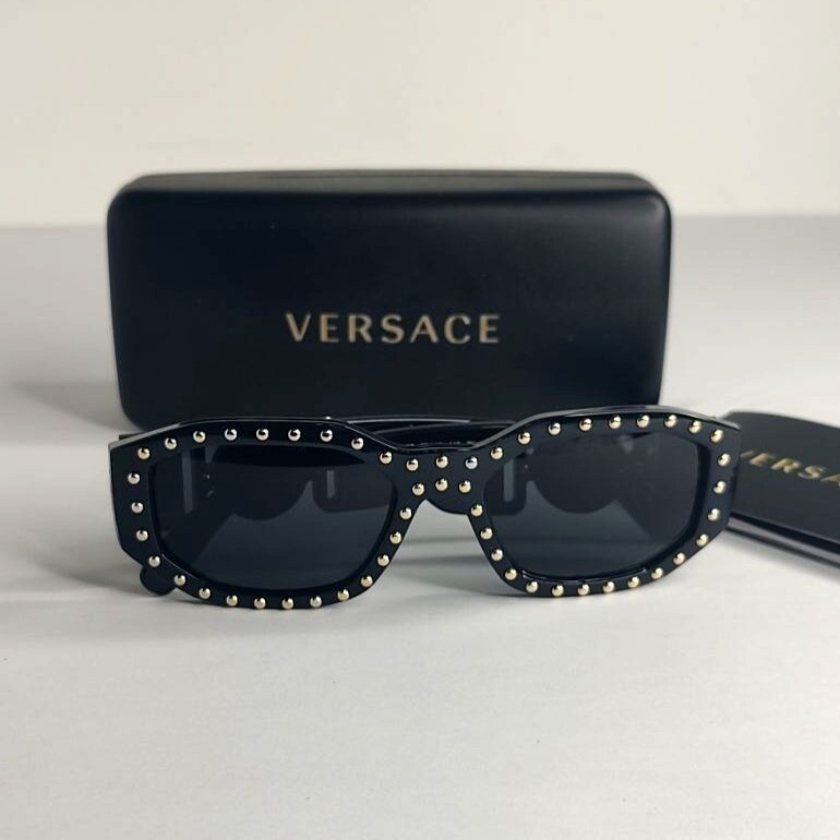 Pre-owned Versace Sunglasses Ve4361 539787 Medusa Biggie Black Gold Studs Rectangle