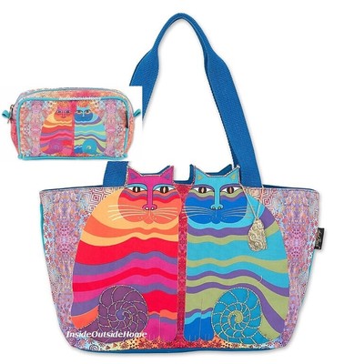 Laurel Burch Cat Rainbow Felines Cutout EXTRA-LG Tote +Organizer Bag Makeup New