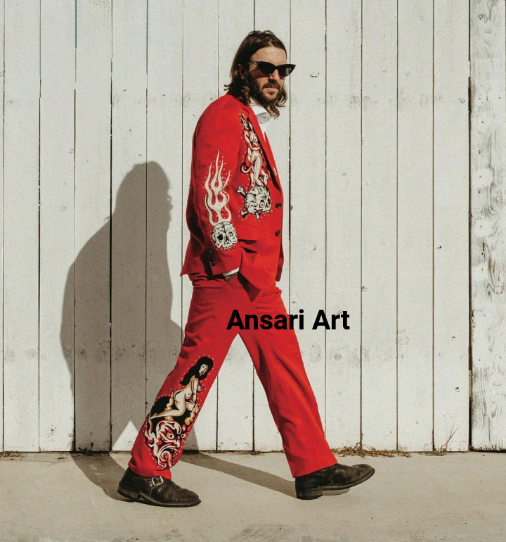 ART MEN RED 2PC BESPOKE SKELETON FLAMES FLORAL EMBROIDERED RHINESTONE COWBOY OUTFITS