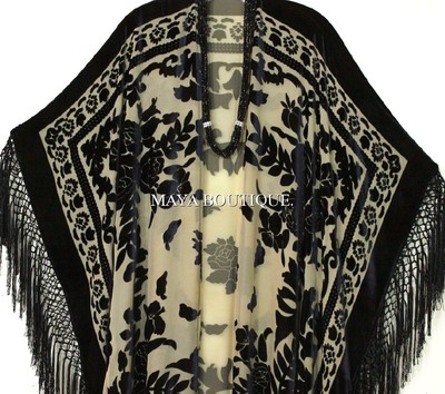 Pre-owned Maya Matazaro Caftan Duster Fringe Jacket Kimono Black Beige Silk Burnout Velvet