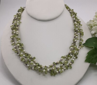 Sterling Peridot Amethyst Pearl Multi-strand Necklace 19 Inches Gemstones