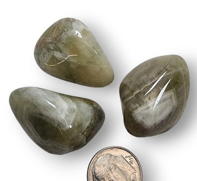 Prasiolite Green Amethyst Chevron Tumbled Stones 3 Pc lot Brazil 44.3 grams