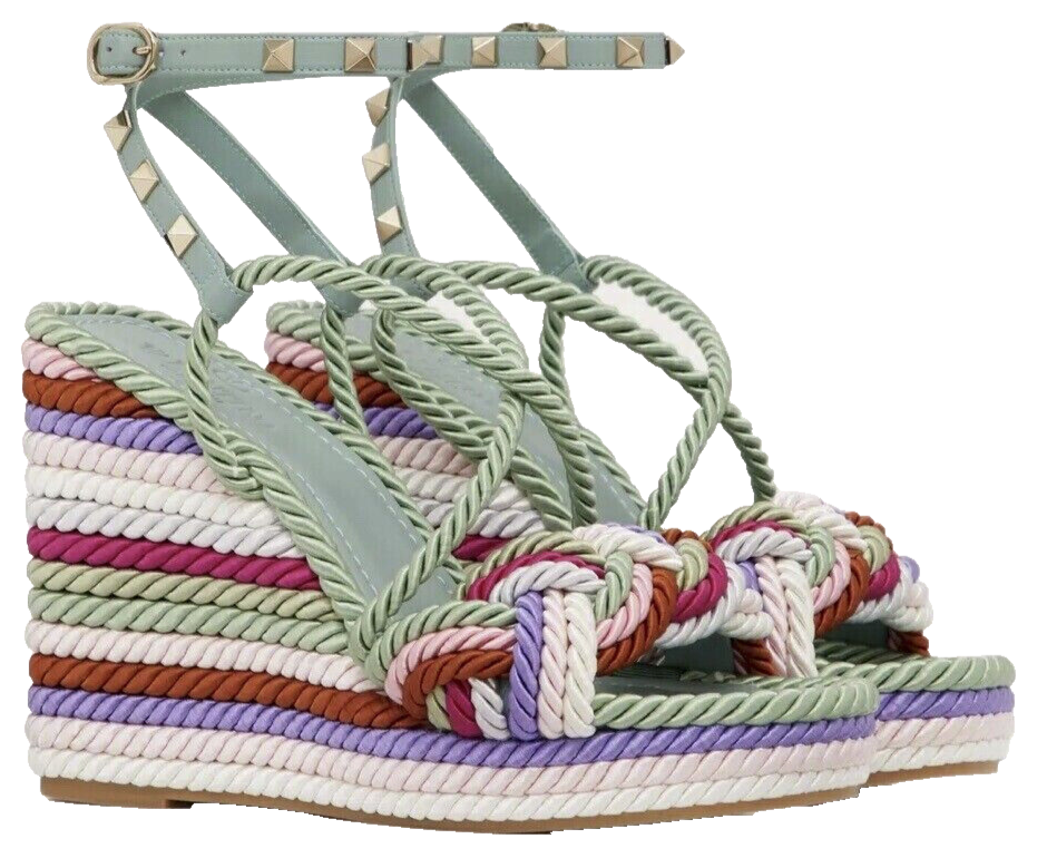 NIB VALENTINO ROCKSTUD WEDGE SANDAL SILK TORCHON 115MM Rope