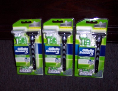3 NEW PKGS GILLETTE SENSOR 3 SENSITIVE DISPOSABLE RAZORS WITH BONUS MACH 3 RAZOR