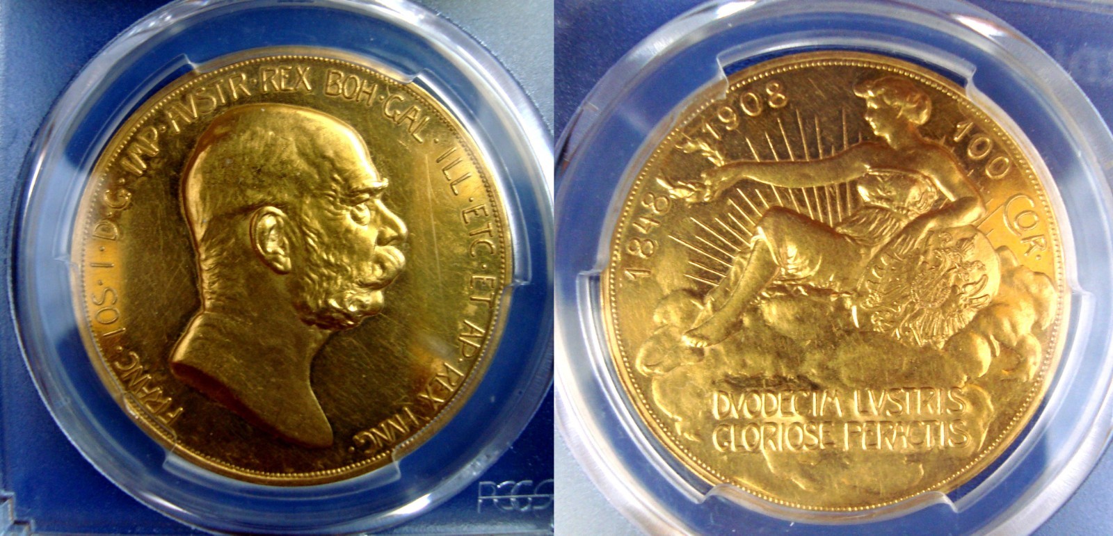 RARE AUSTRIA 100 Corona 1908 GOLD COIN PCGS AU55 LADY IN CLOUDS
