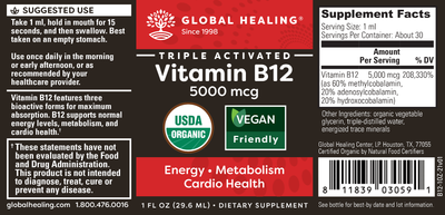 Vitamin B12, 5000 mcg, 3-in-1 Organic Liquid Vitamin B12, 30-Day Supply (1 Oz)
