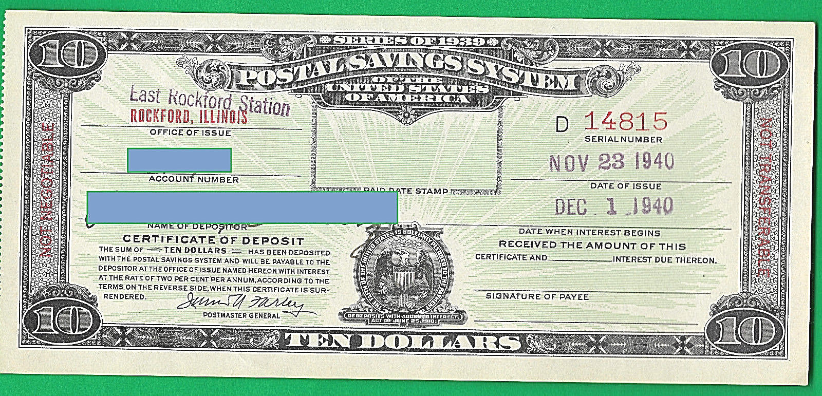 Postal Savings System Certificates Series 1939 $10 Rockford, Illinois # D 14815