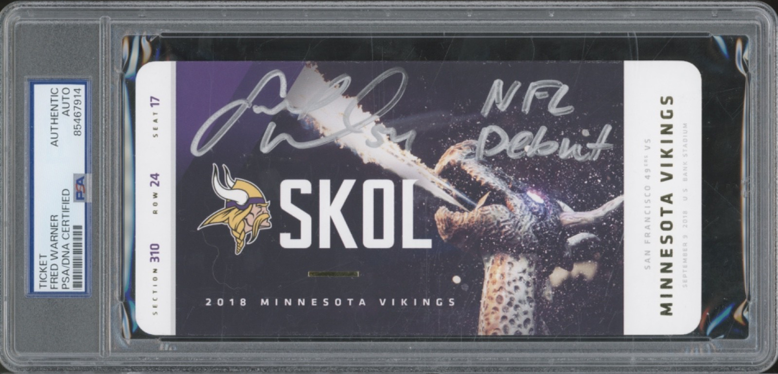 2018 Vikings Ticket Fred Warner Autograph RC Rookie PSA DNA Authentic Auto