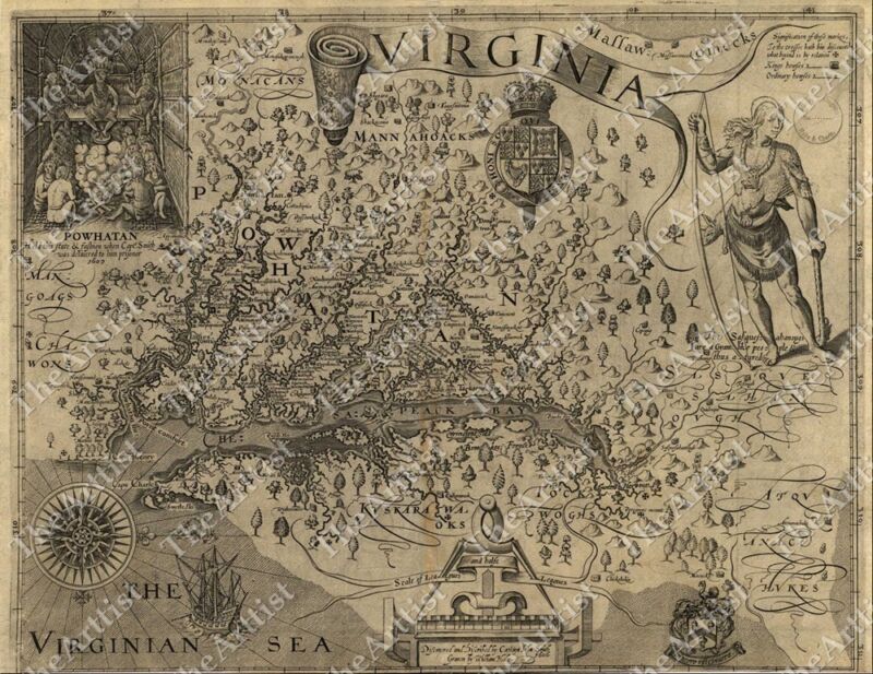 GIANT VINTAGE 1607 historic JOHN SMITH VIRGINIA MAP OLD ANTIQUE STYLE art print