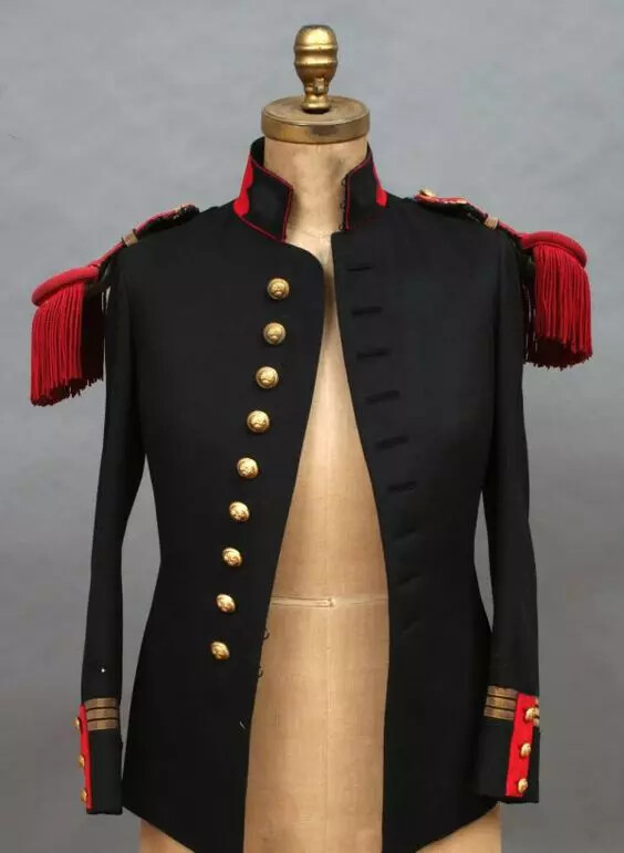 100% 19TH CENTURY FRENCH BLACK WOOL / RED COLLAR STRAP MILITARY JACKET