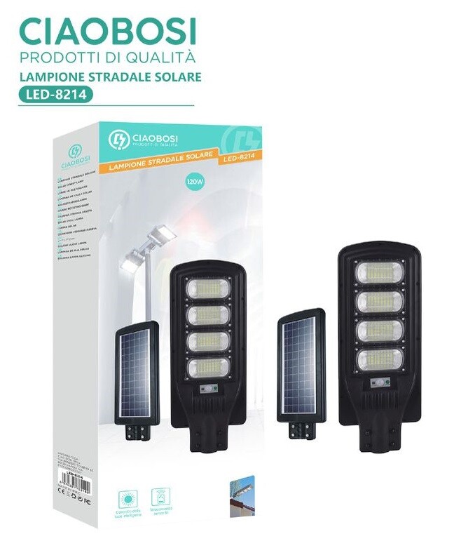 Lampione Luce Stradale Led Pannello Solare Fotovoltaico + Telecomando 120W linq