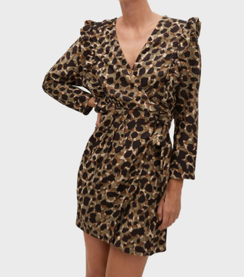 MANGO Ruffle Wrap Dress Leopard Print Olive Green Black Cream Brown SMALL