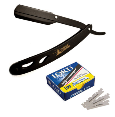 Classic Samurai Matte Black Folding Straight Razor + 100 Lord Single Blades
