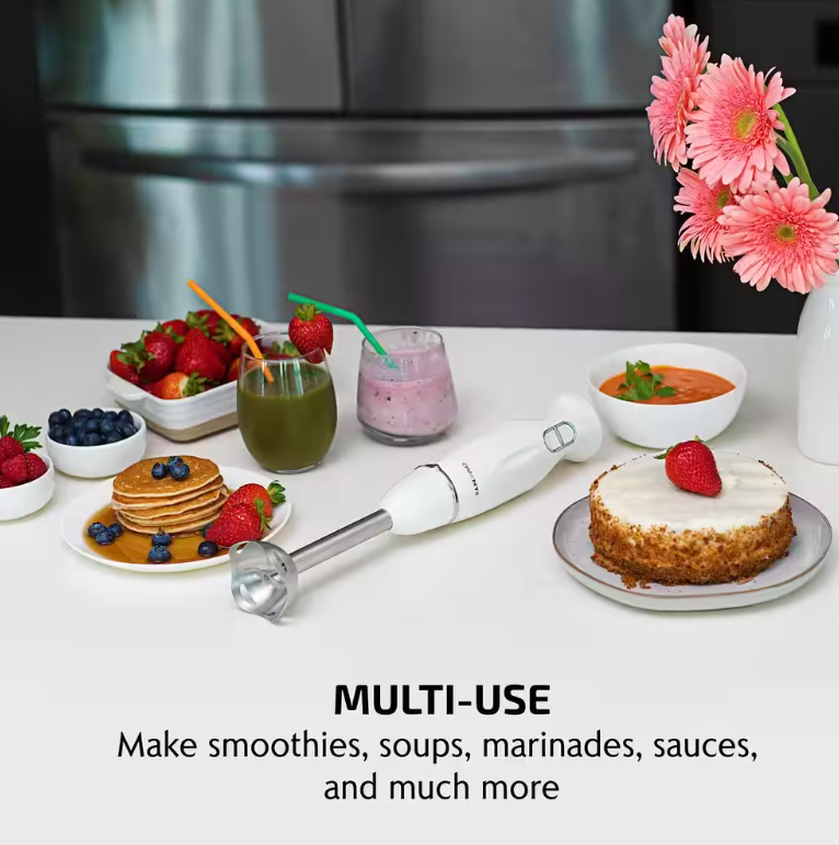 Electric Immersion Hand Blender Stainless Steel Blades 300W Ovente HS560W, White