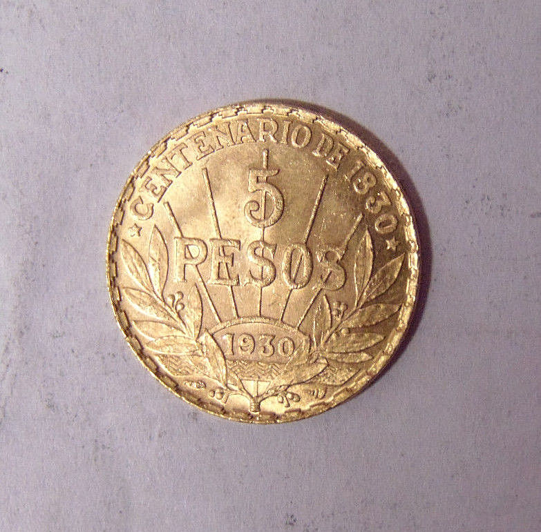 1930 Uruguay 1/4 oz Gold Cinco Pesos Uncirculated