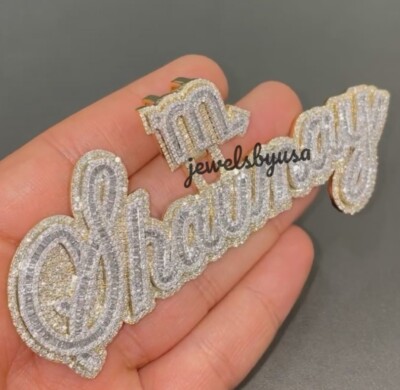 Pre-owned Nsg Cursive Font Men's 3ct Baguette Cubic Zirconia Custom Pendant 925 Silver In White