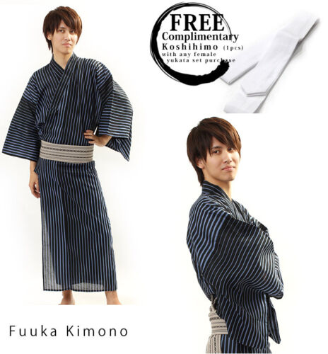 Japanese Men Kimono Yukata Black L Kaku Obi Belt Set of 2 - Brand New