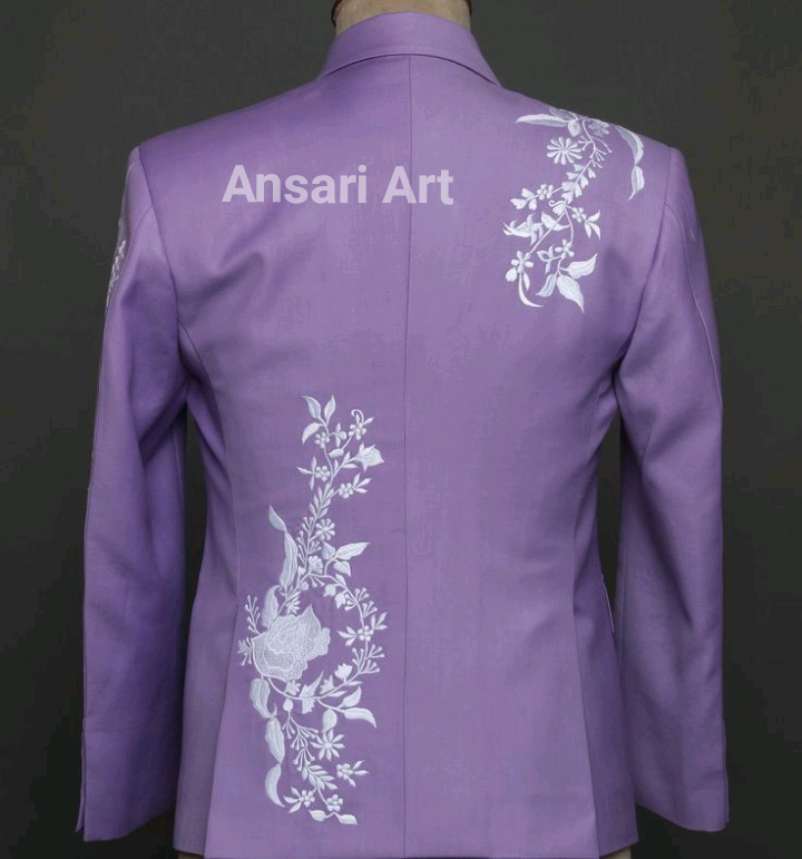 Pre-owned Art Men's Bespoke Lavender Cotton Suit White Floral Embroidered Designer Outfit