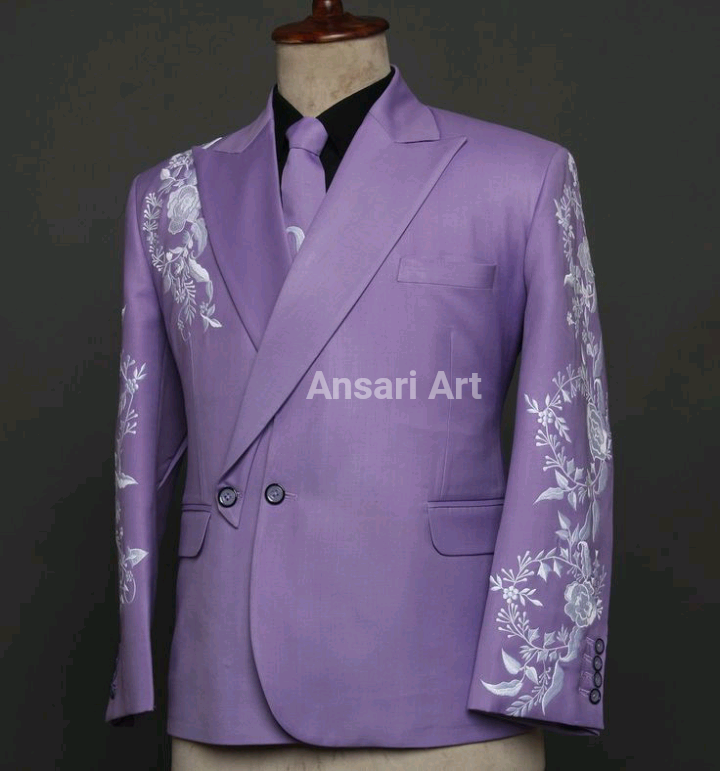 Pre-owned Art Men's Bespoke Lavender Cotton Suit White Floral Embroidered Designer Outfit