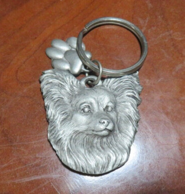 Signed. P. Davis Papillon Dog Keychain Key Ring Pewter 2003