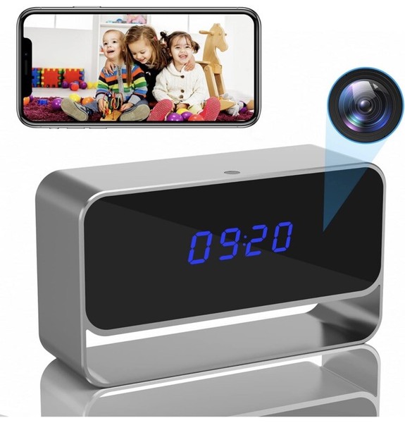 Smart clock with camera displaying time and monitoring kids.