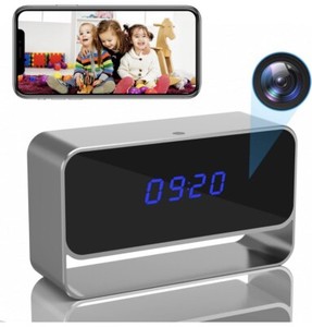 Smart clock with camera displaying time and monitoring kids.