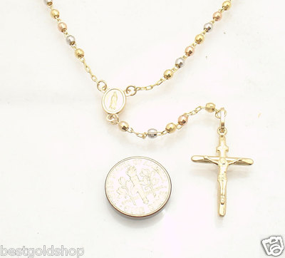 Pre-owned Bestgoldshop 17" 3mm Rosary Chain Medallion Cross Crucifix Necklace Real 10k Tri-color Gold