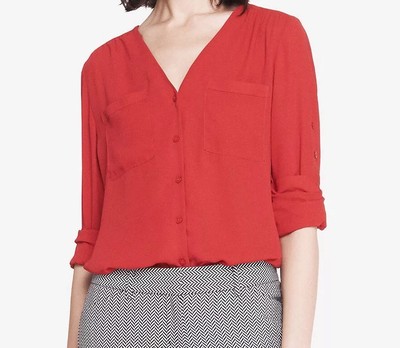 Express Size XS Women s Long Convertible Sleeve Gathered V-Neck Blouse